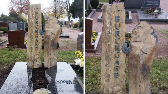 Familien-Gedenkstein aus dunkelem Granit und Naturstein Stelen.