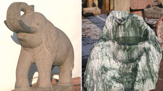 Links: Steinfigur "Elefant" aus Granit. Rechts: Findlinge Quarzit "Atlantis".