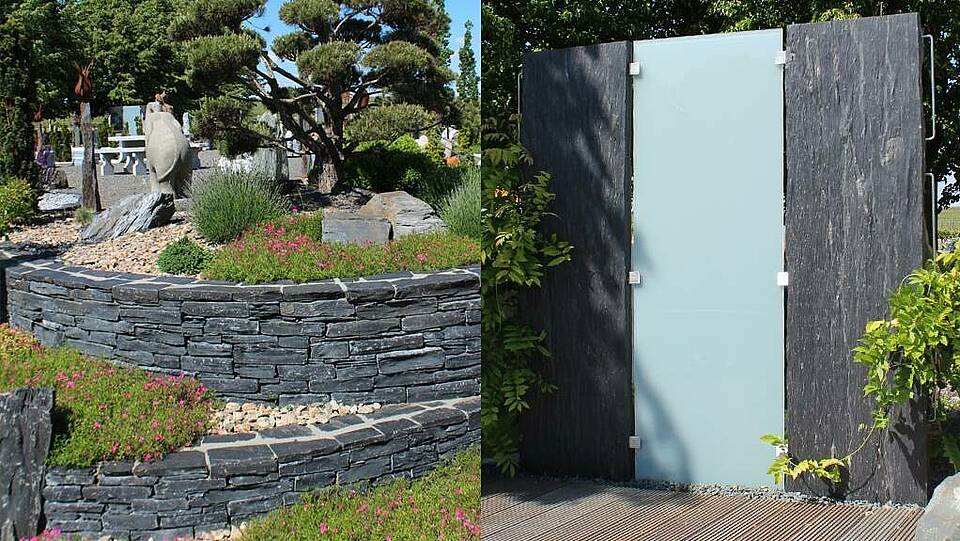 Trockenmauer und moderener Sichtschutz aus Schiefer
