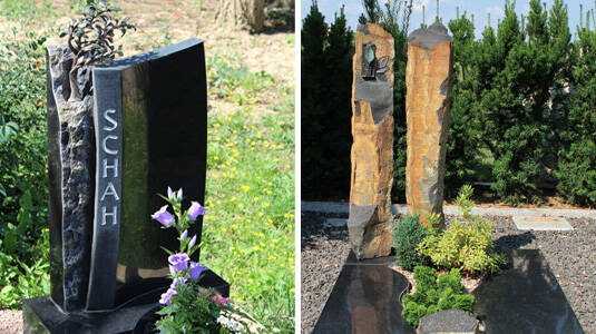 Links: Granit poliert mit Lebensbaum in Bronze; Rechts: Basaltstelen auf Granitplatte.