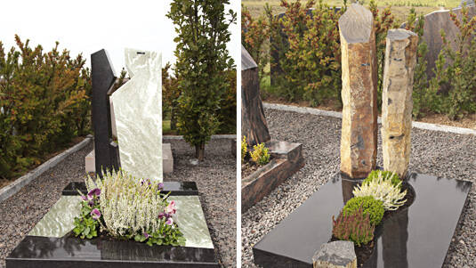 Links: Platte + Stein Granit poliert, 2-farbig; Rechts: Platte schwarzer Granit und Basaltstelen.