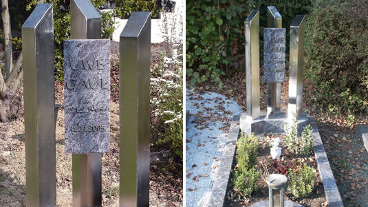Moderner Gedenkstein: Granit kombiniert mit Edelstahl.