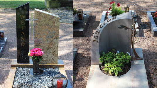 Links: 2-teiliger Grabstein mit Granit; Rechts: Besonders schöner, geschwungener, heller Quarzit.